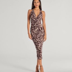 Fierce Style Zebra Print Mesh Halter Midi Dress