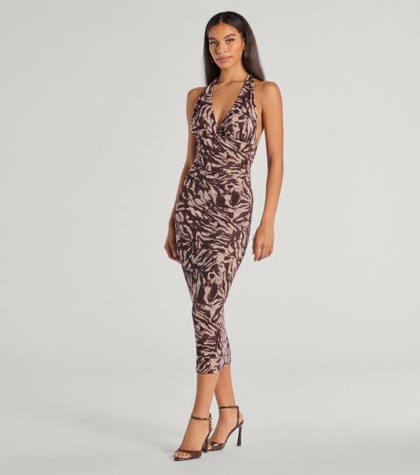 Fierce Style Zebra Print Mesh Halter Midi Dress - Image 4
