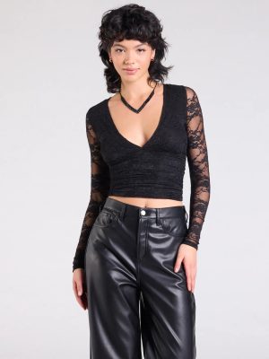 Sultry And Chic Sheer Lace Long Sleeve Top