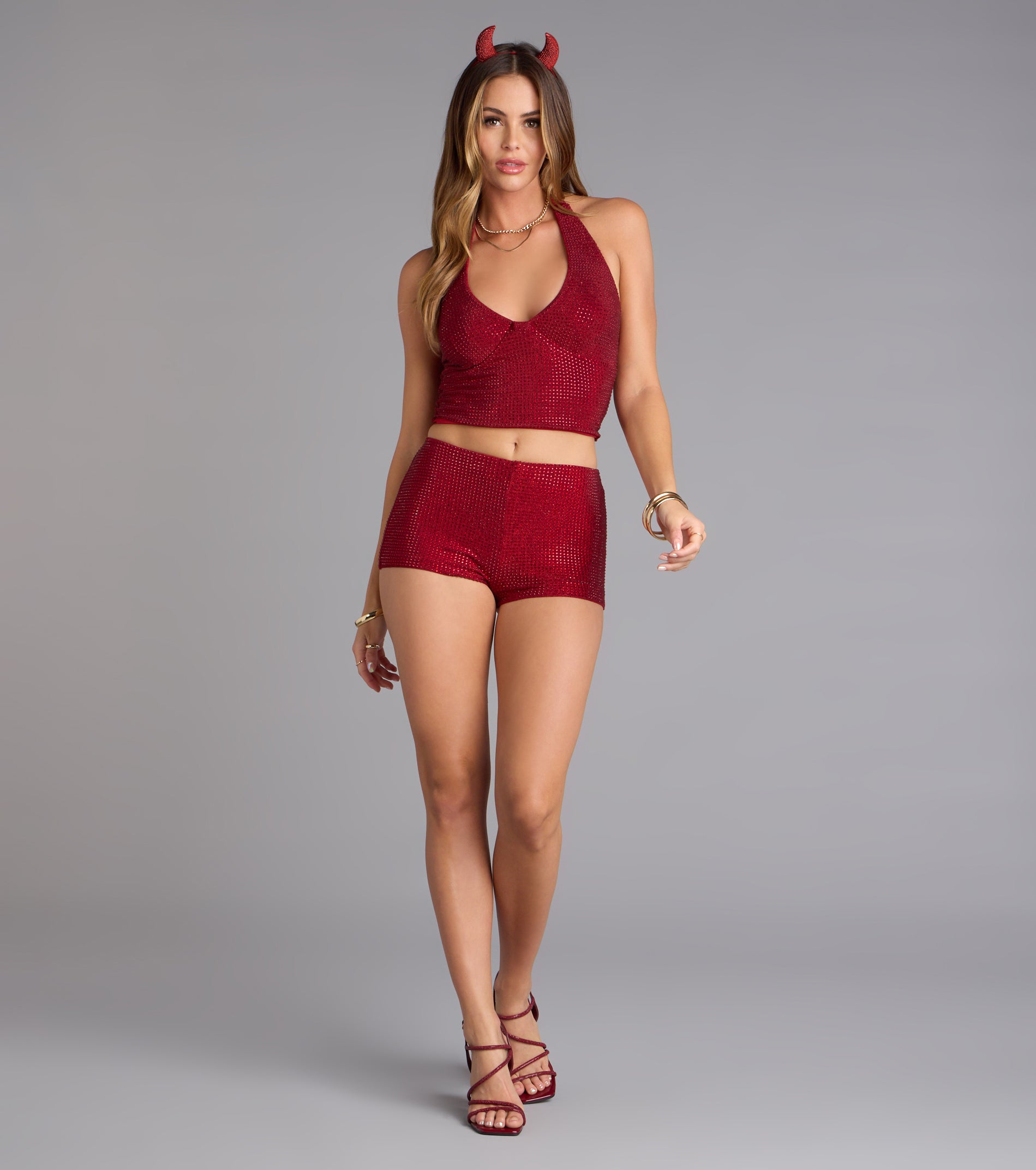 Shine Check Rhinestone Halter Crop Top - Image 3