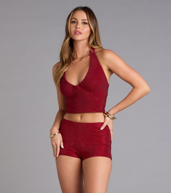Shine Check Rhinestone Halter Crop Top - Image 5