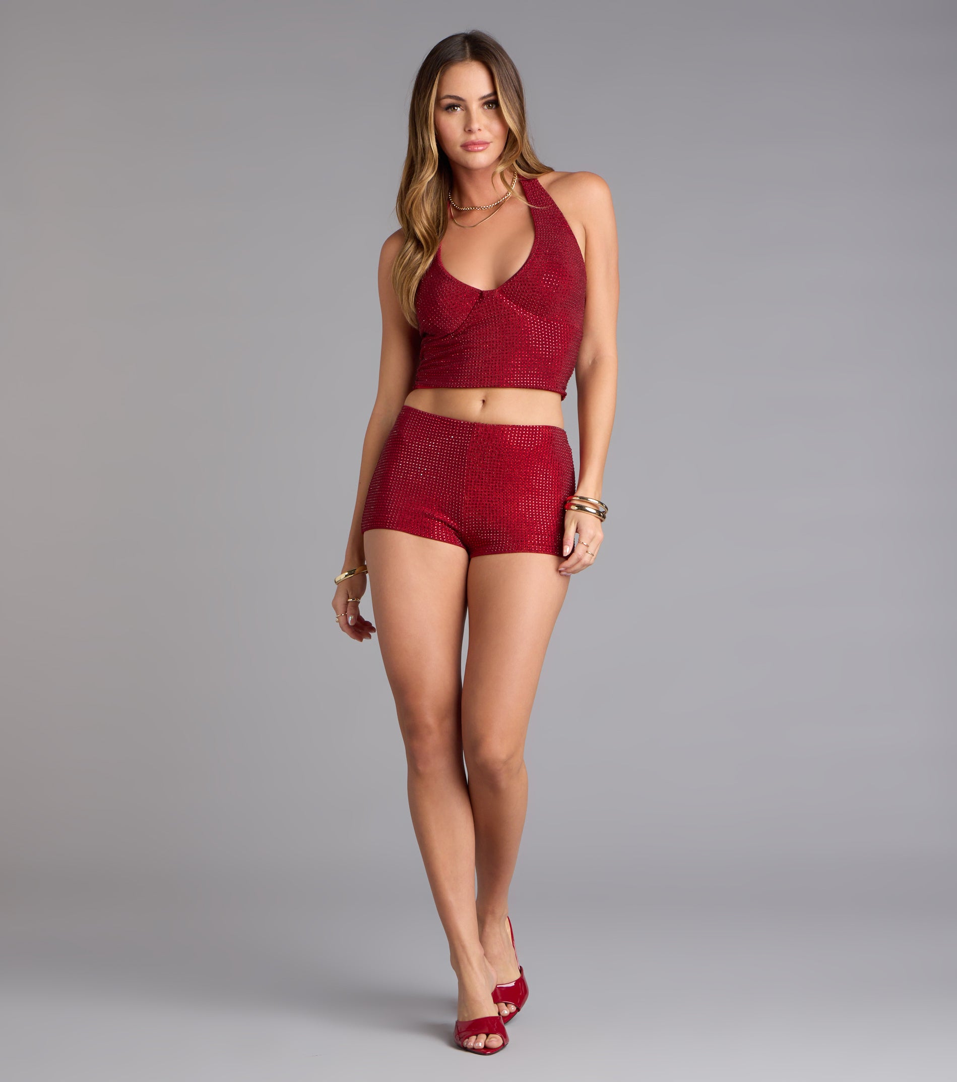 Shine Check Rhinestone Halter Crop Top - Image 7
