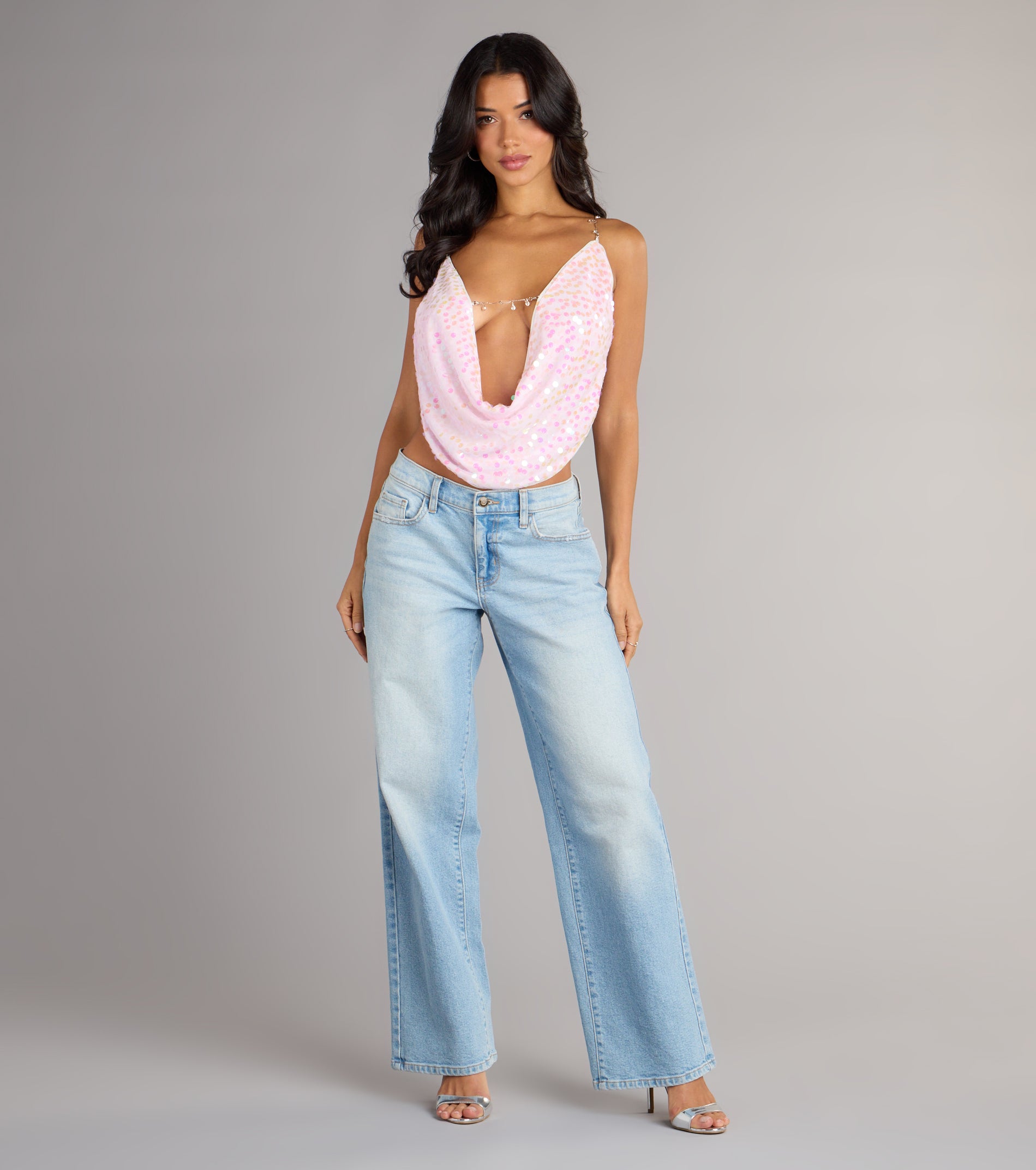 Disco Dream Sequin Rhinestone Chain Halter Top - Image 4