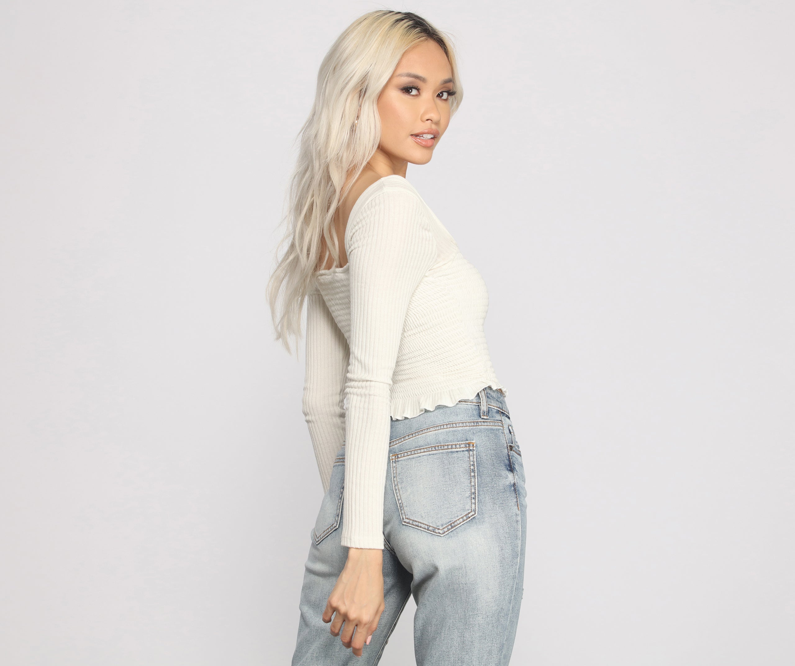 Ribbed And Smocked Square Neck Crop Top - Image 6