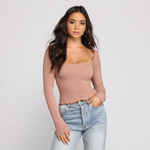 Ribbed And Smocked Square Neck Crop Top