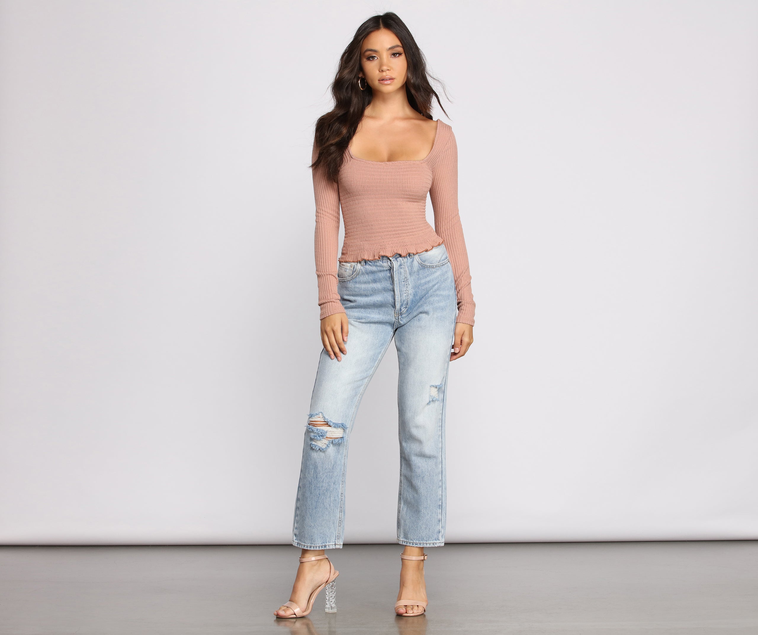 Ribbed And Smocked Square Neck Crop Top - Image 3