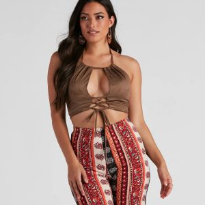 Basic Faux Suede Halter Crop Top