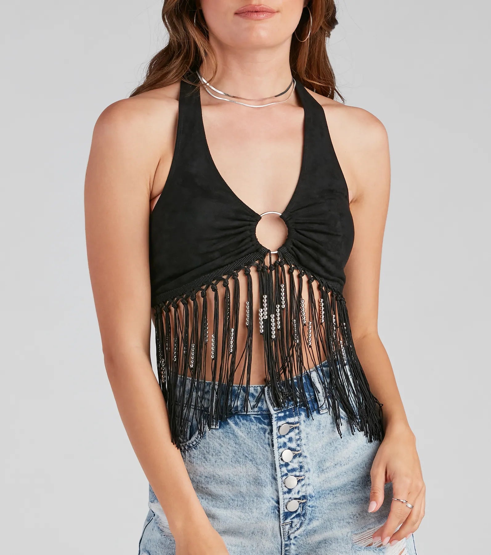 O-Ring Faux Suede Halter Top - Image 8