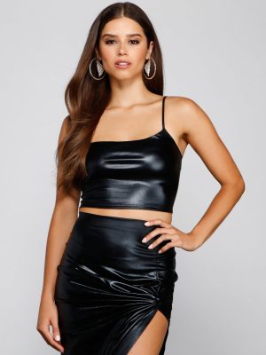 Dangerous Glam Faux Leather One Shoulder Crop Top