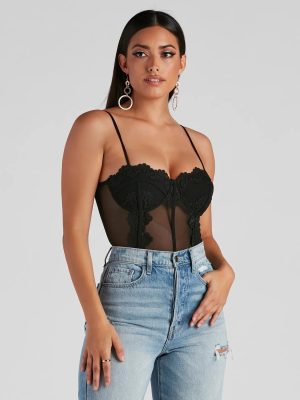 Dreamy-Chic Mesh Crochet Bustier Bodysuit