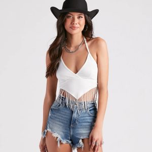 Modern Boho Halter Fringe Crop Top