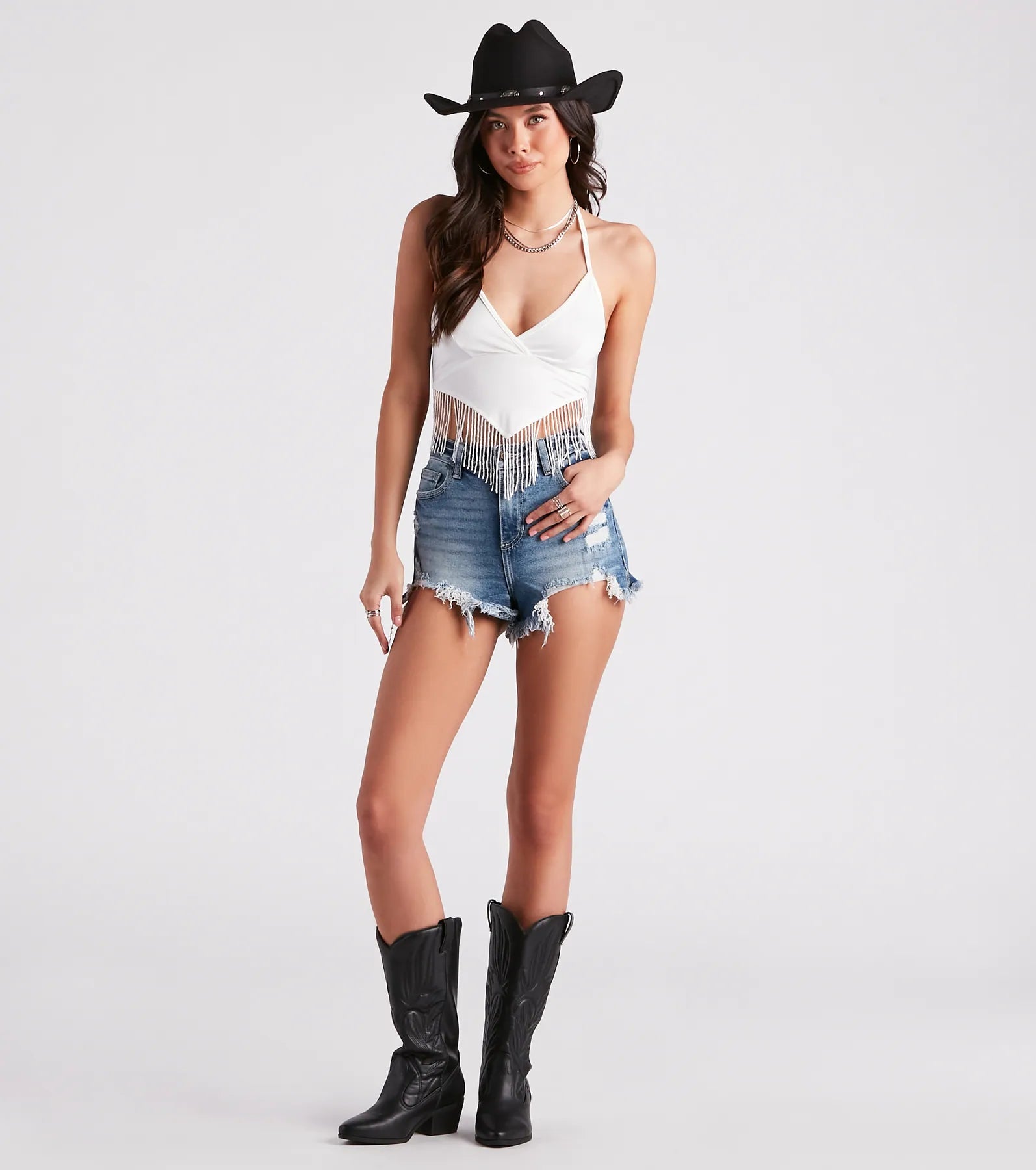 Modern Boho Halter Fringe Crop Top - Image 3