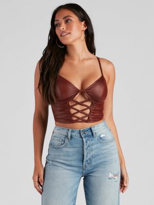 Late Night Faux Leather Lattice Crop Top