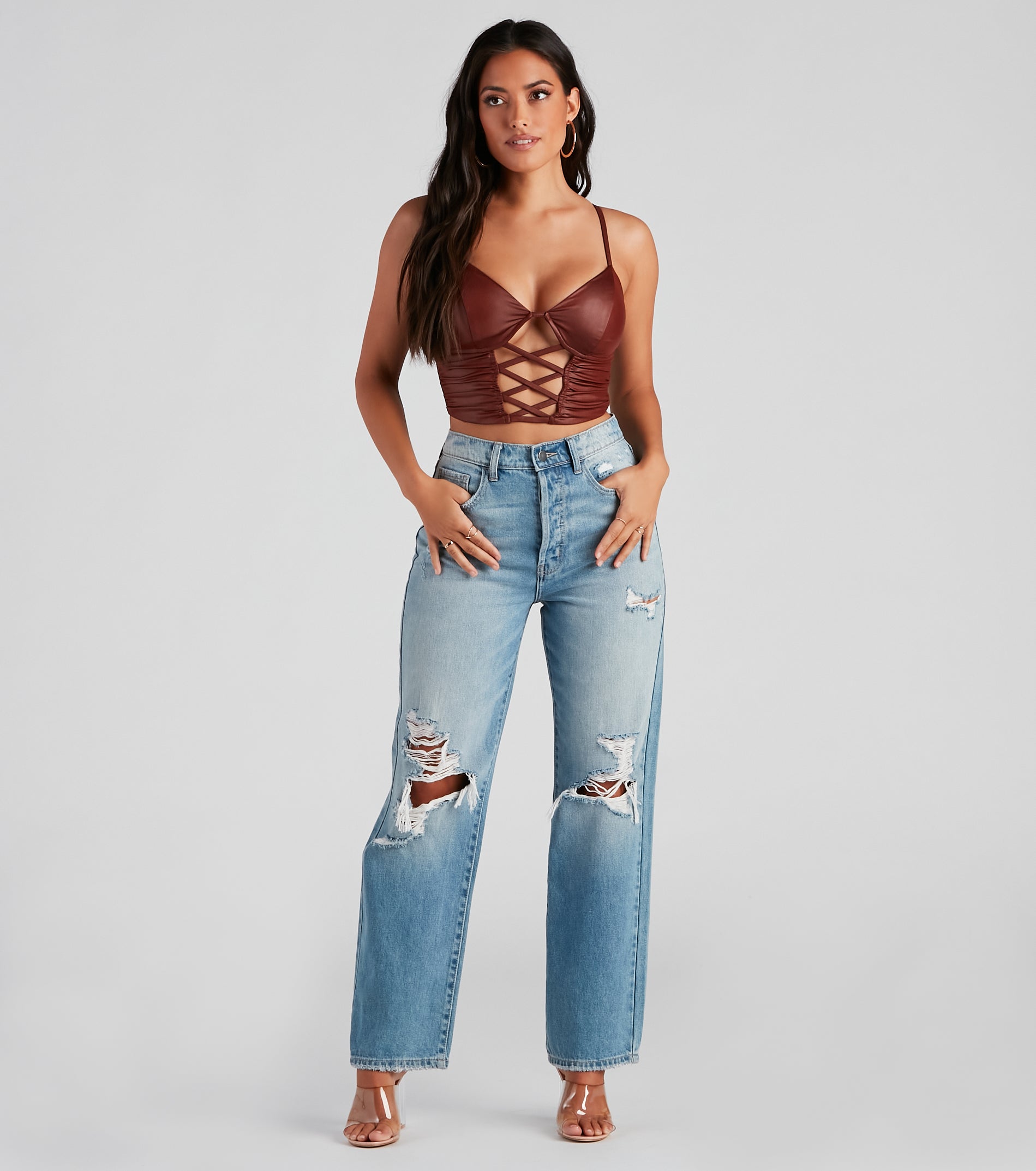 Late Night Faux Leather Lattice Crop Top - Image 3