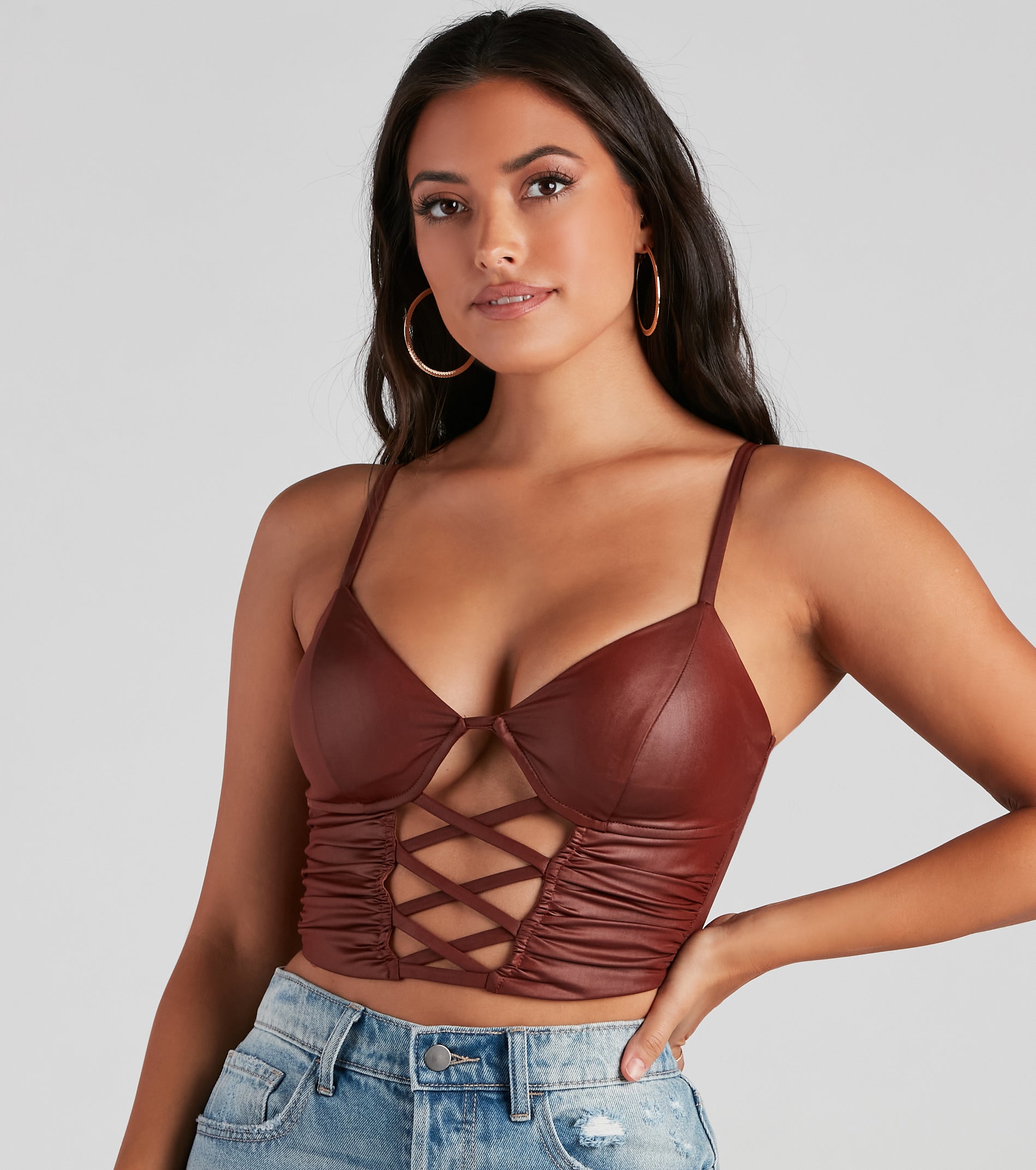 Late Night Faux Leather Lattice Crop Top - Image 4