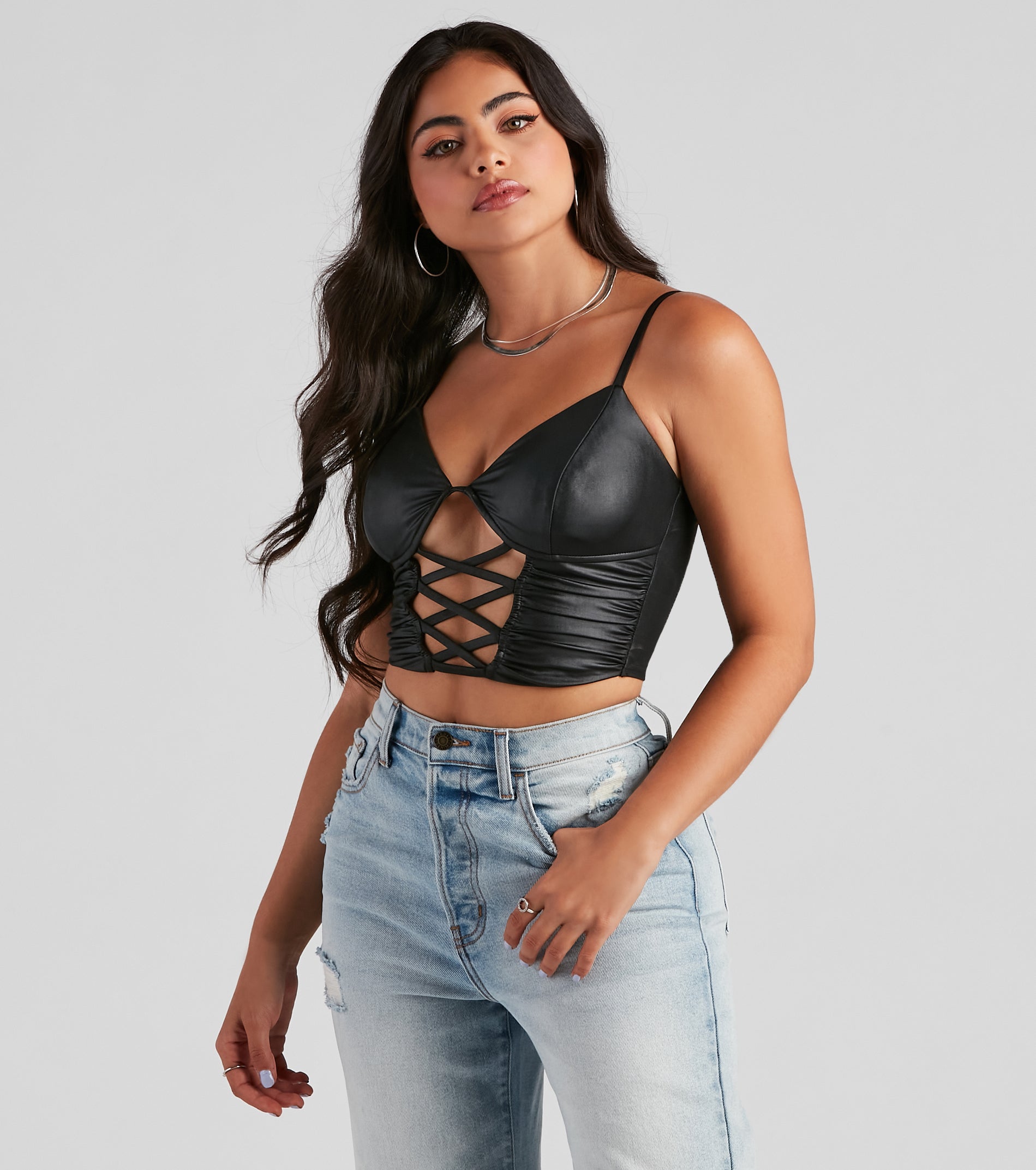 Late Night Faux Leather Lattice Crop Top - Image 5