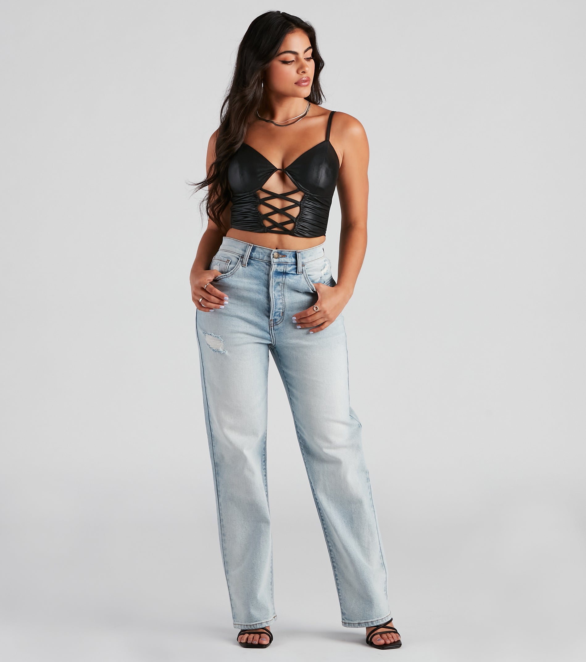 Late Night Faux Leather Lattice Crop Top - Image 7
