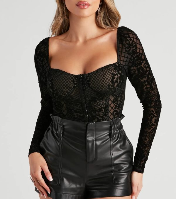 Sultry Sheer Flocked Velvet Bodysuit - Image 4
