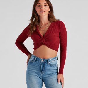 Trendy Twist-Front Ribbed Knit Crop Top
