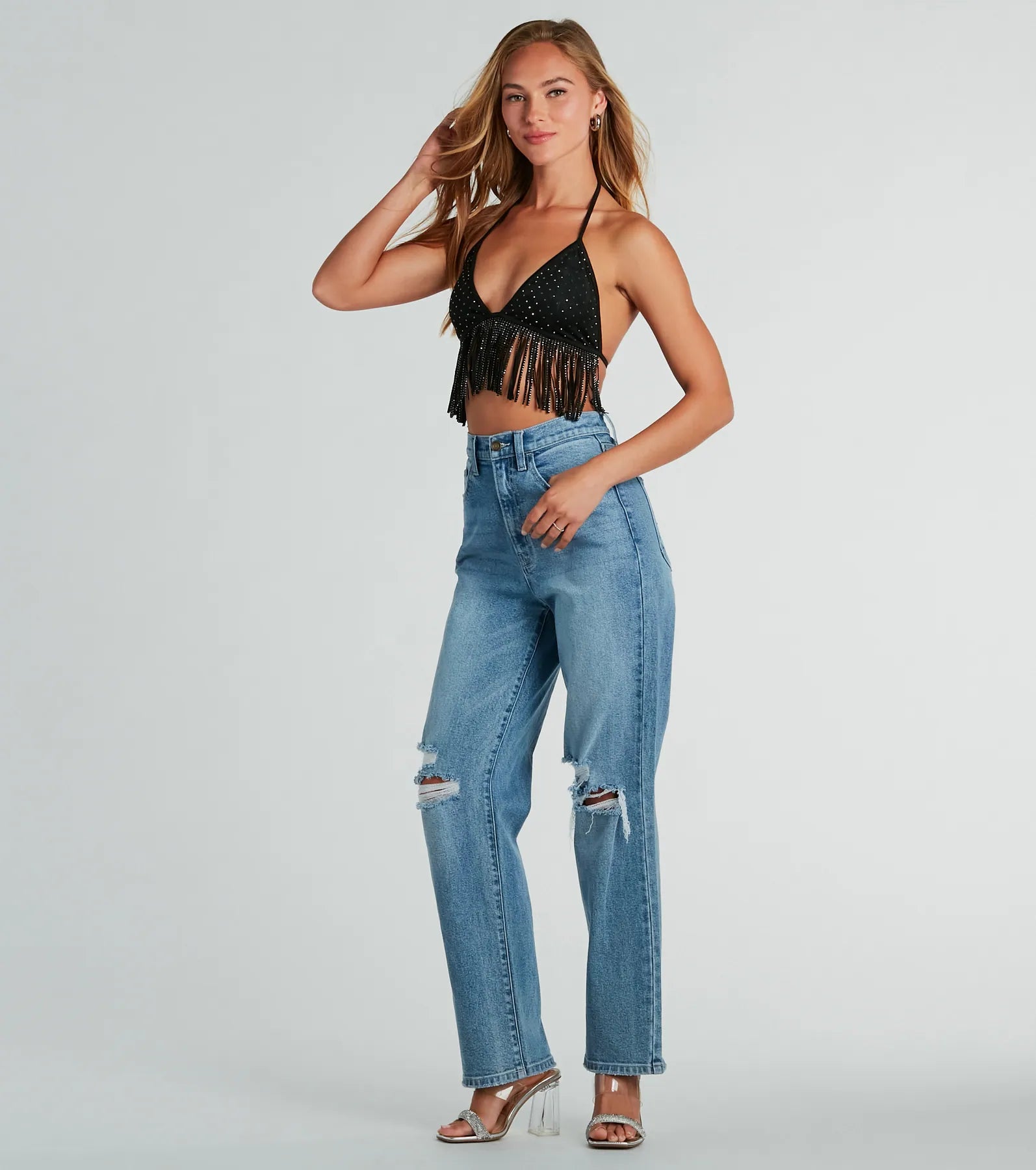 Rodeo Babe Rhinestone Fringe Halter Top - Image 3