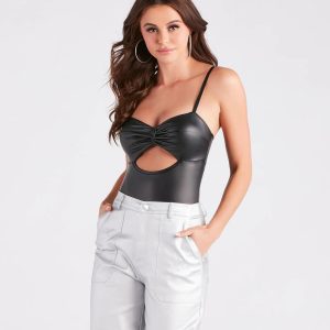 Fine Desire Faux Leather Cutout Bodysuit