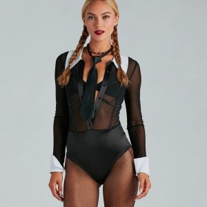 Gothic-Prep Cutie Mesh Collared Tie Bodysuit