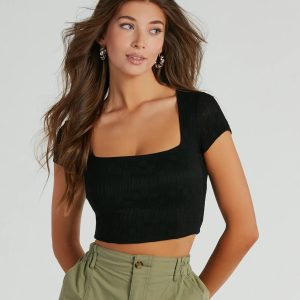 Effortless Outlook Square Neck Cap Sleeve Crop Top