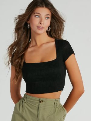 Effortless Outlook Square Neck Cap Sleeve Crop Top