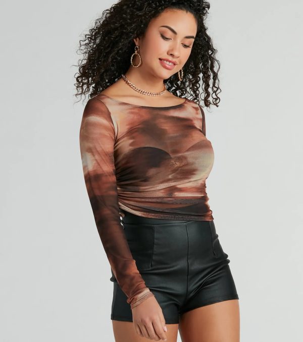 Chic Vision Long Sleeve Abstract Print Mesh Top - Image 3