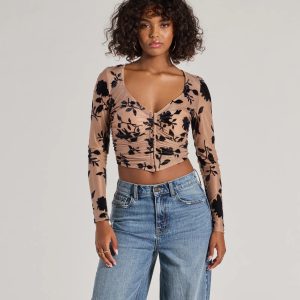 Charming Flocked Floral Mesh Long Sleeve Corset Top