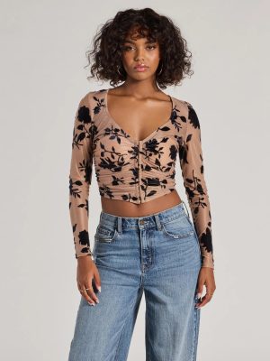 Charming Flocked Floral Mesh Long Sleeve Corset Top