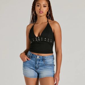 Buckle Down Halter V-Neck Crop Top