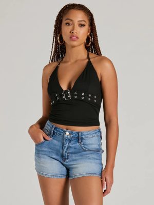 Buckle Down Halter V-Neck Crop Top