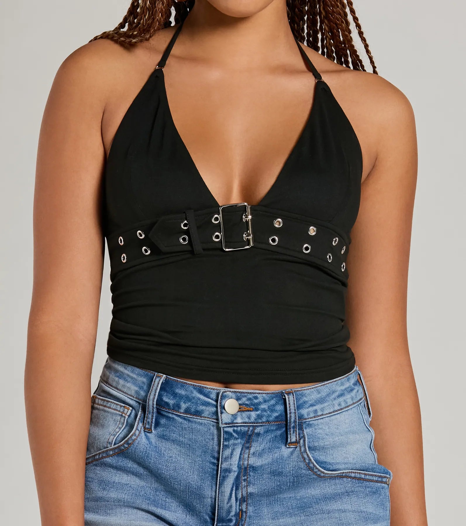 Buckle Down Halter V-Neck Crop Top - Image 4