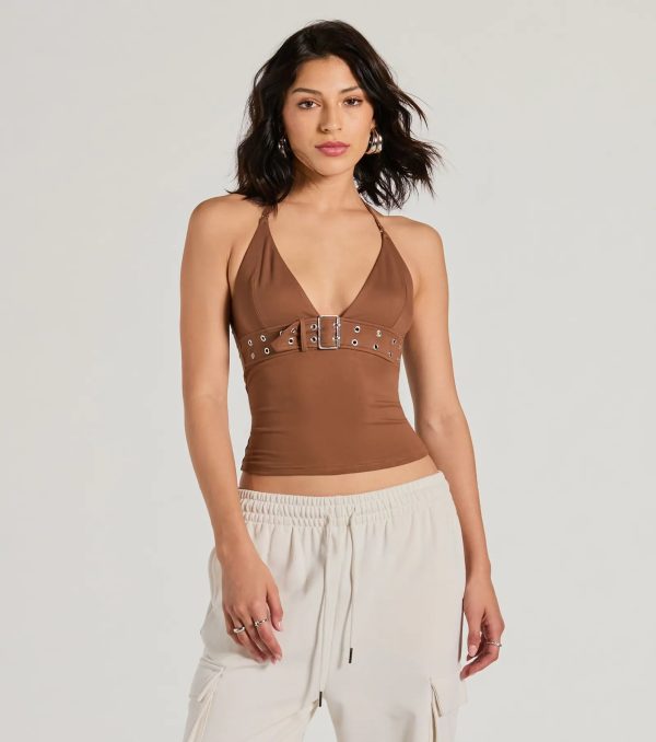 Buckle Down Halter V-Neck Crop Top - Image 5