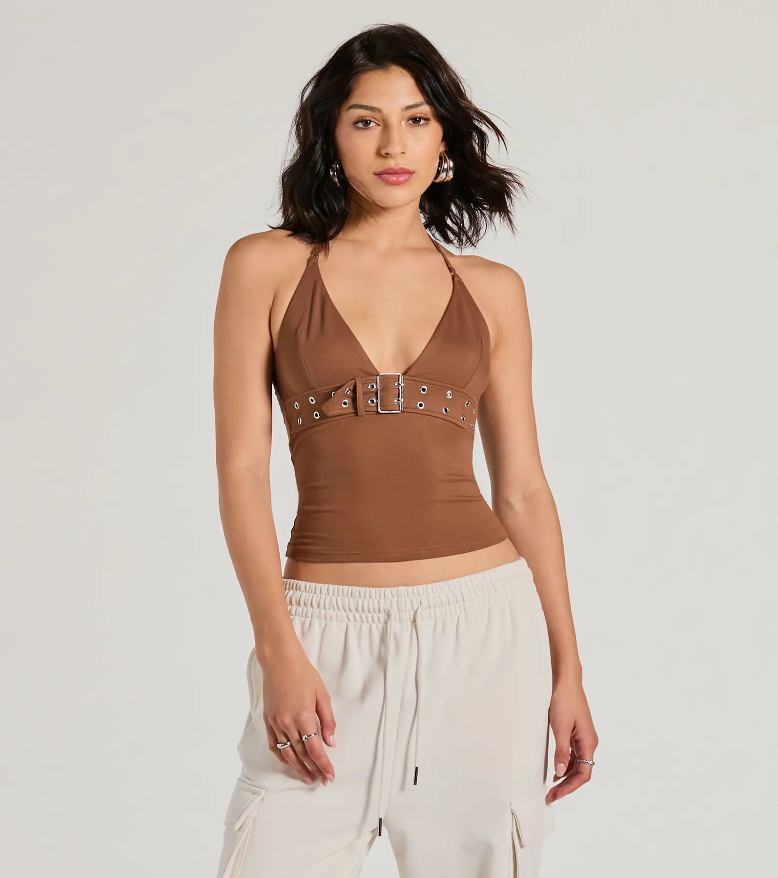 Buckle Down Halter V-Neck Crop Top - Image 5
