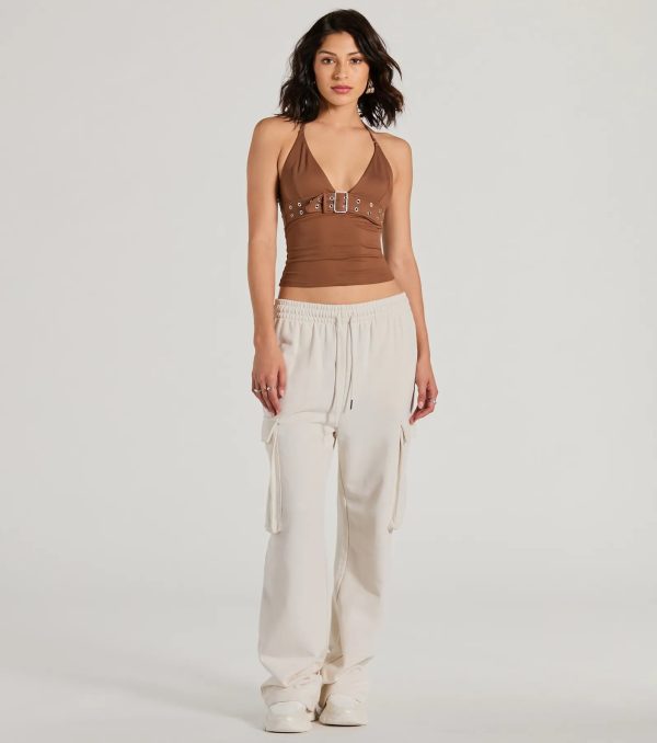 Buckle Down Halter V-Neck Crop Top - Image 7