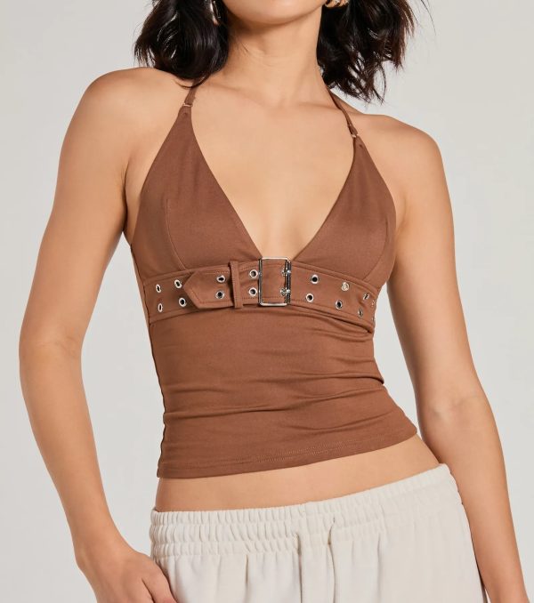 Buckle Down Halter V-Neck Crop Top - Image 8