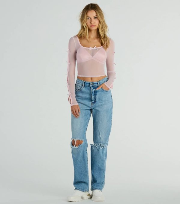 Pretty As A Bow Long Sleeve Mesh Crop Top - Image 3