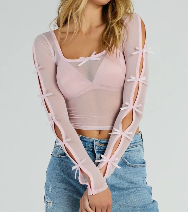 Pretty As A Bow Long Sleeve Mesh Crop Top - Image 4