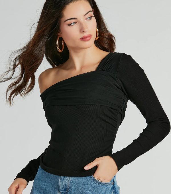 Chic Asymmetric Off-Shoulder Long Sleeve Knit Top - Image 2