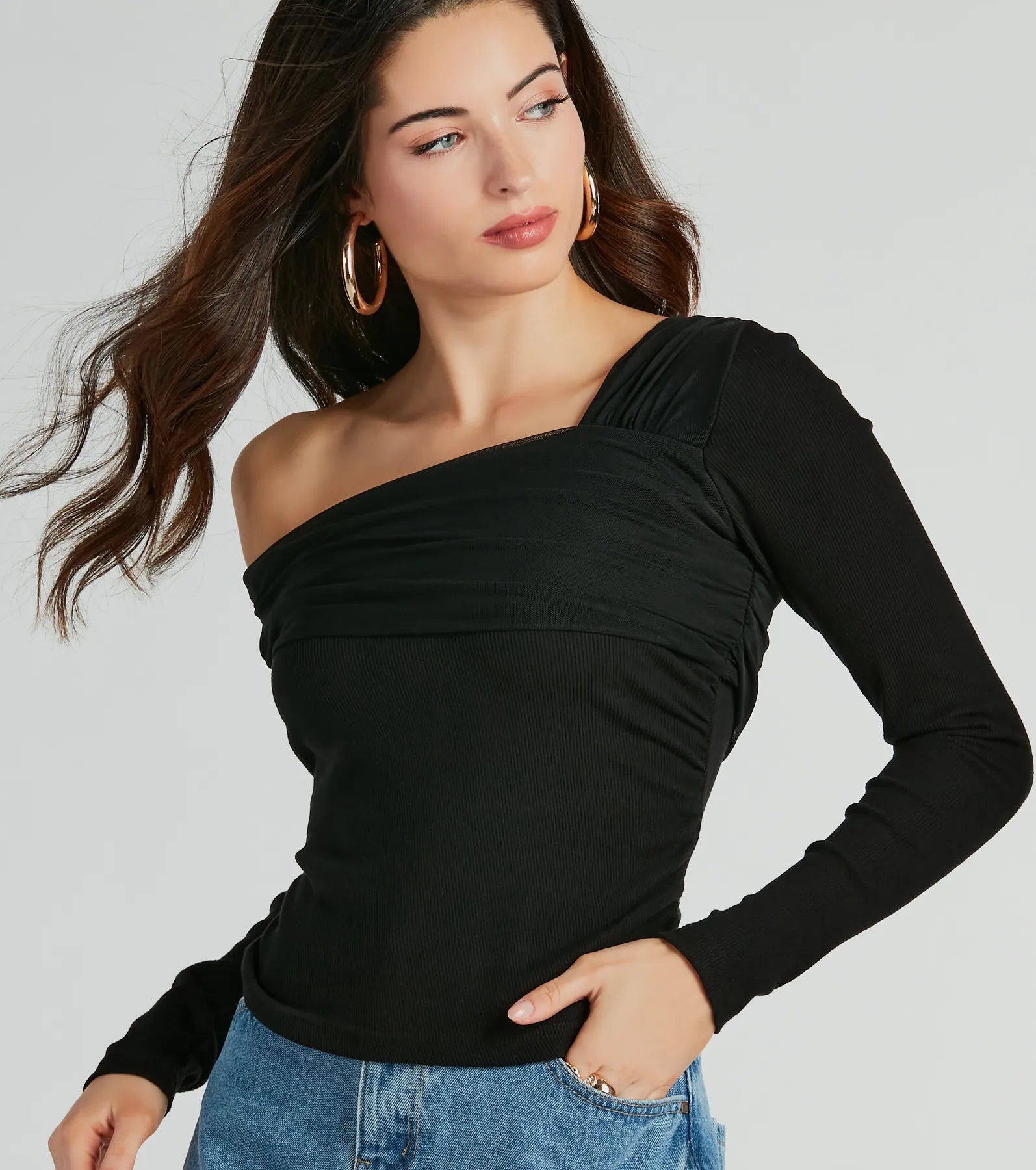 Chic Asymmetric Off-Shoulder Long Sleeve Knit Top - Image 2