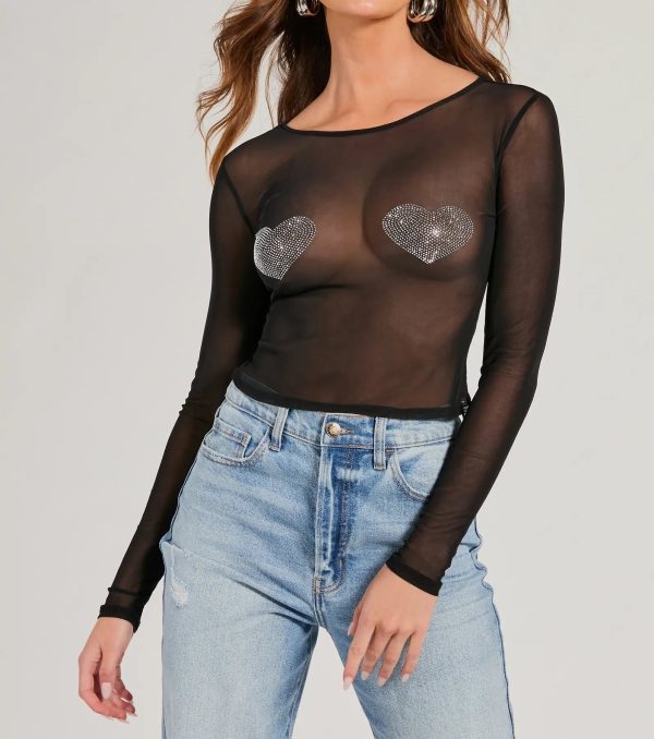 Flirt Alert Rhinestone Heart Sheer Mesh Crop Top - Image 3