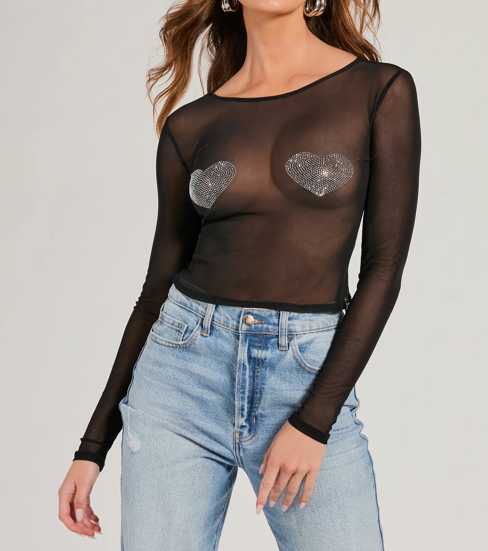 Flirt Alert Rhinestone Heart Sheer Mesh Crop Top - Image 3
