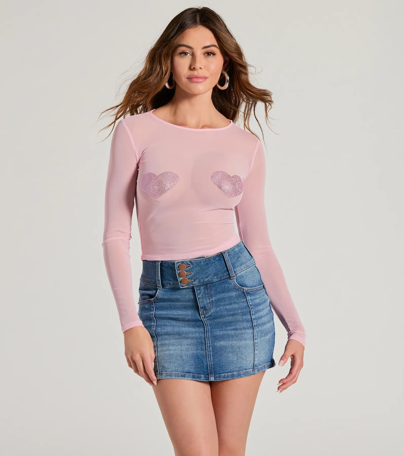 Flirt Alert Rhinestone Heart Sheer Mesh Crop Top - Image 5