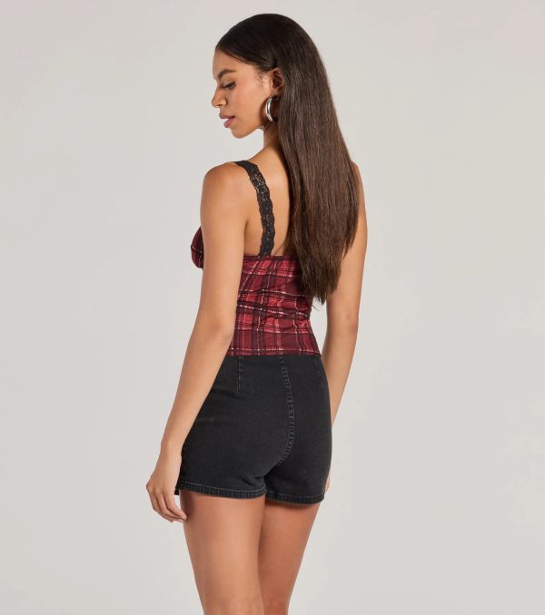 Check Me Out Lace Trim Plaid Crop Top - Image 2