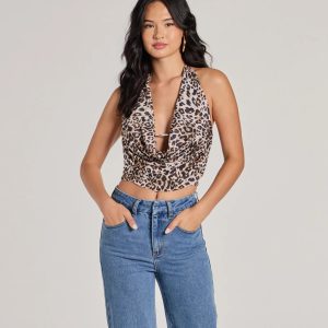 Prowlin Around Cowl Halter Leopard Crop Top