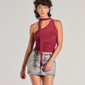 It-Girl Style One-Shoulder Neck Tie Knit Top