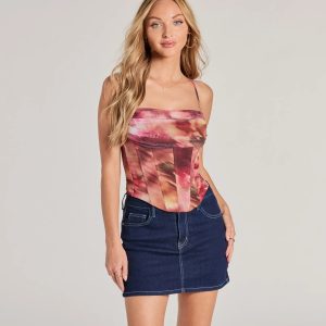 Colorful Scene Abstract Print Corset Crop Top