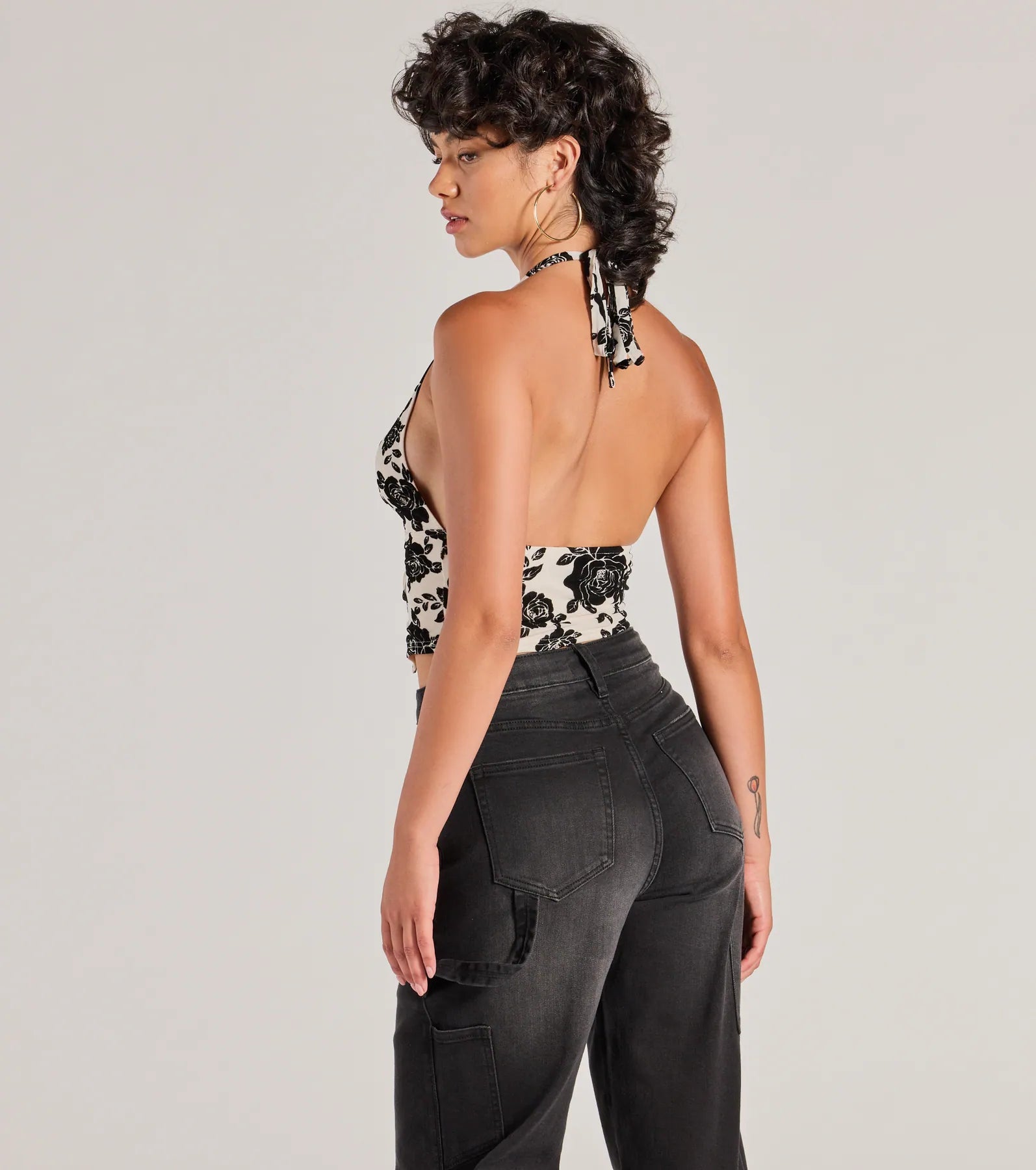 Love For Chic Flocked Floral Halter Crop Top - Image 2